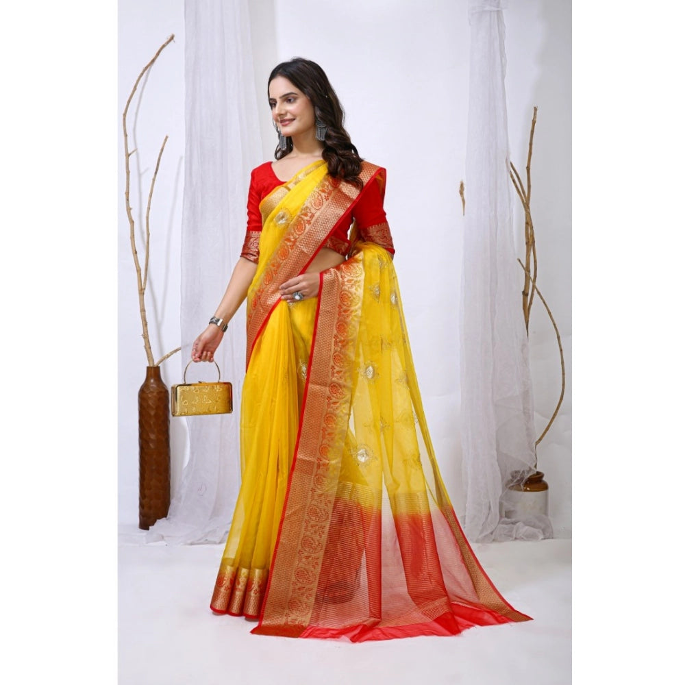 Women's Organza Jacquard Embellished Saree — Yellow