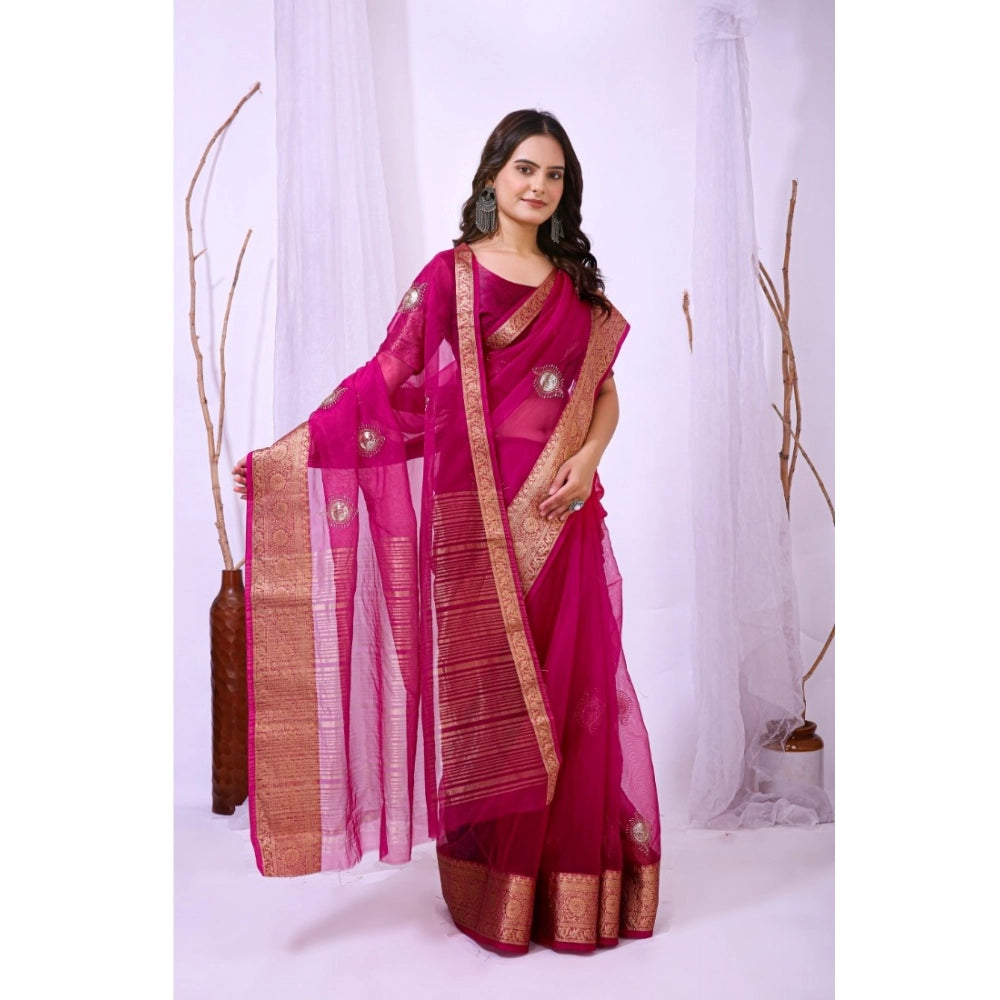 Women's Organza Jacquard Embellished Saree — Pink