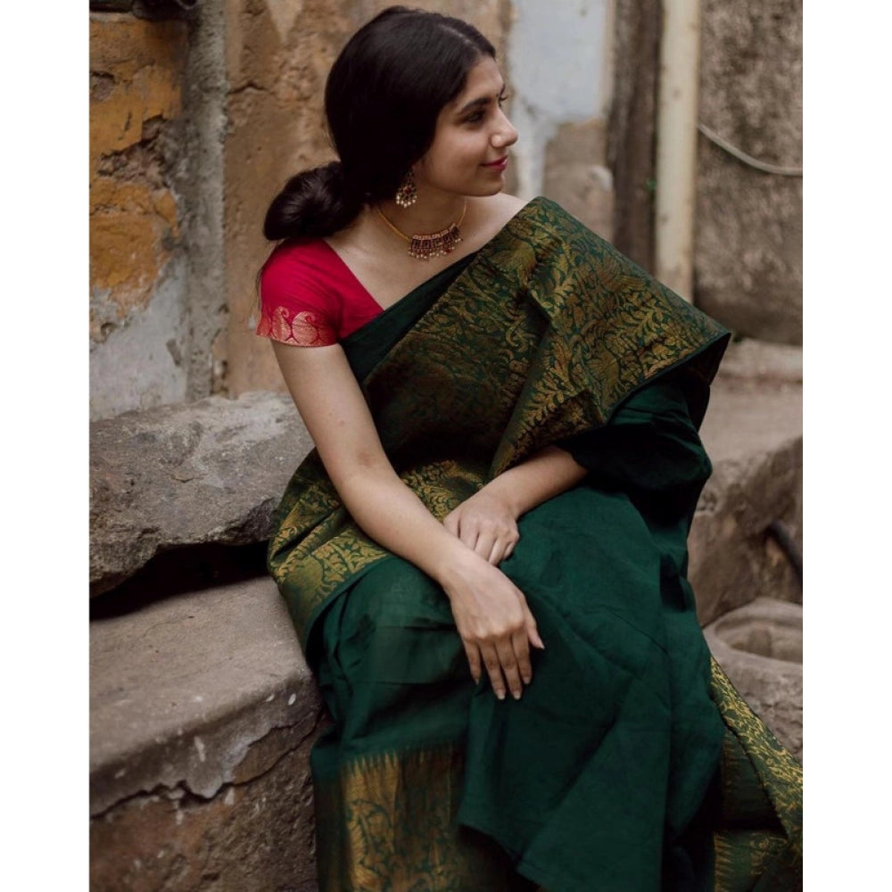 Women's Soft Lichi Silk Printed Saree — Green · _070