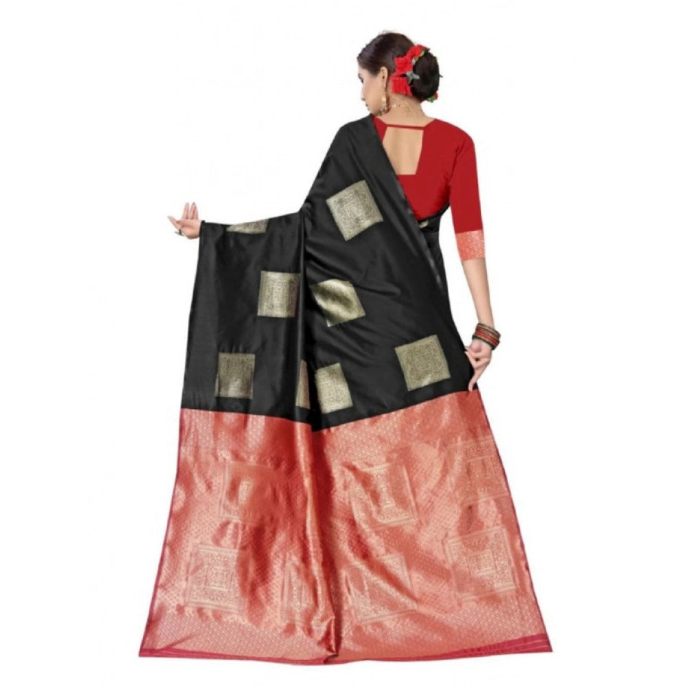 Women's Soft Lichi Silk Printed Saree — Black · _Blk