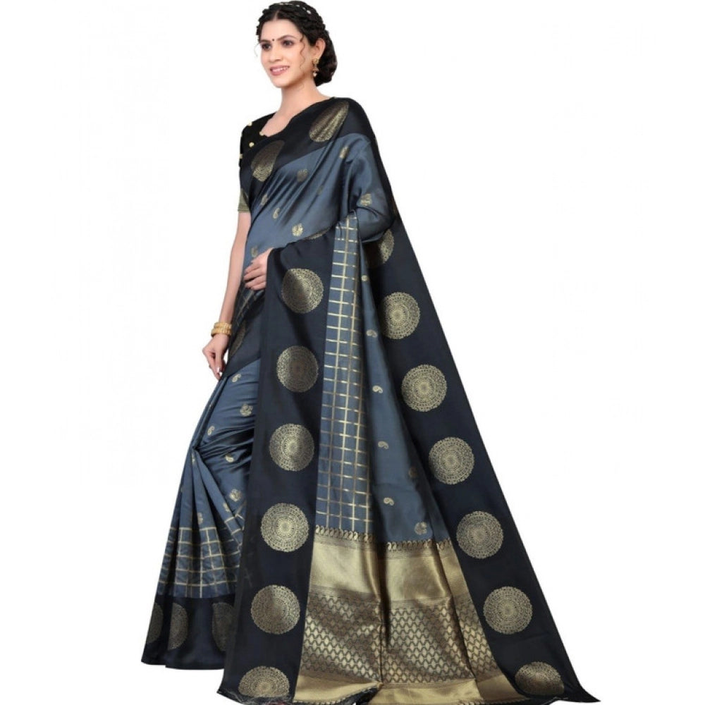 Women's Soft Lichi Silk Printed Saree — Black · _Blk