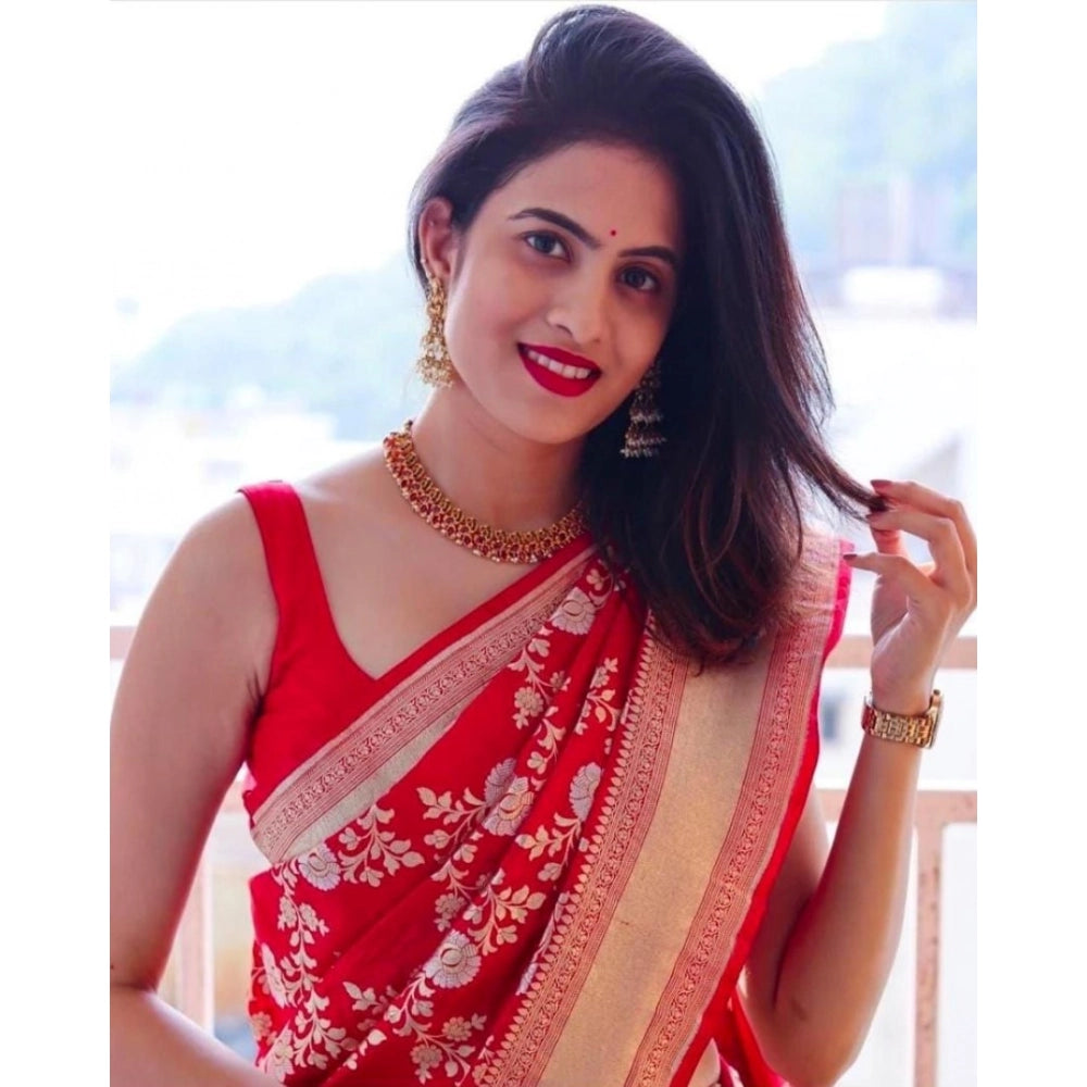 Women's Soft Lichi Silk Printed Saree — Red · _Red