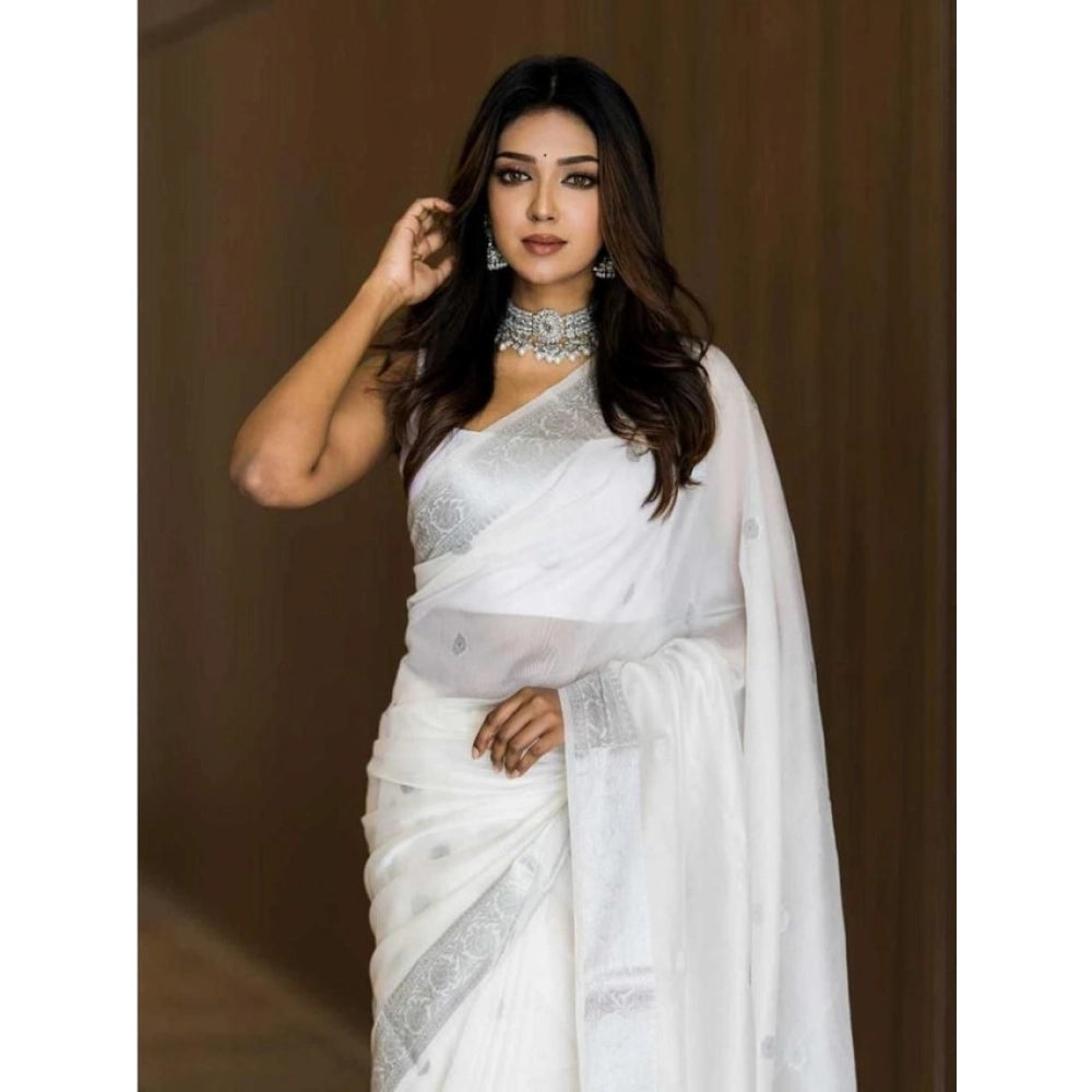 Women's Soft Lichi Silk Printed Saree — White · _Wht