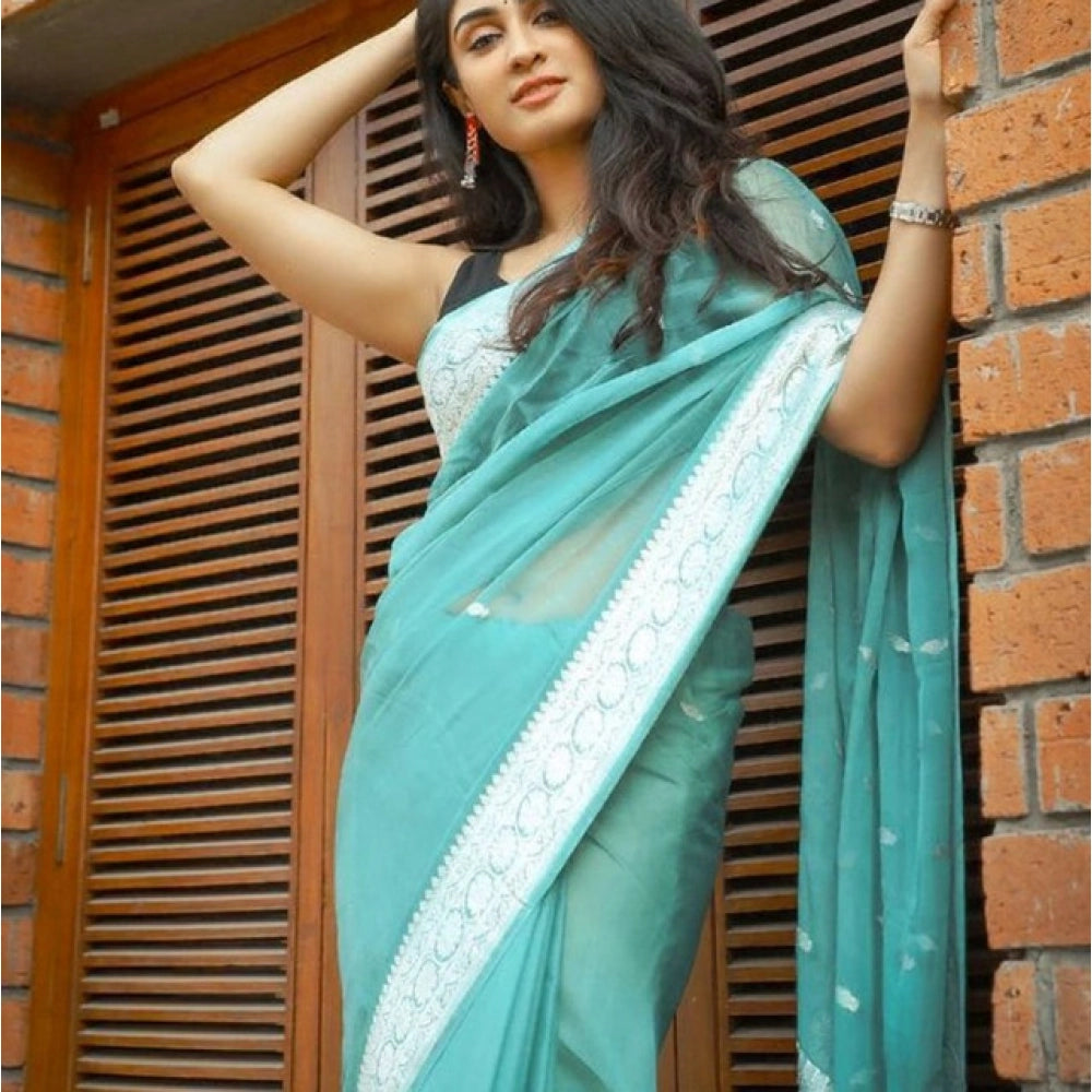 Women's Soft Lichi Silk Printed Saree — Sky-Blue · _SBl
