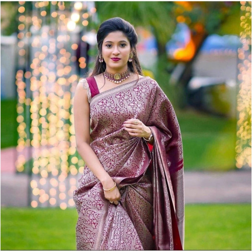 Women's Soft Lichi Silk Printed Saree — Wine · _125