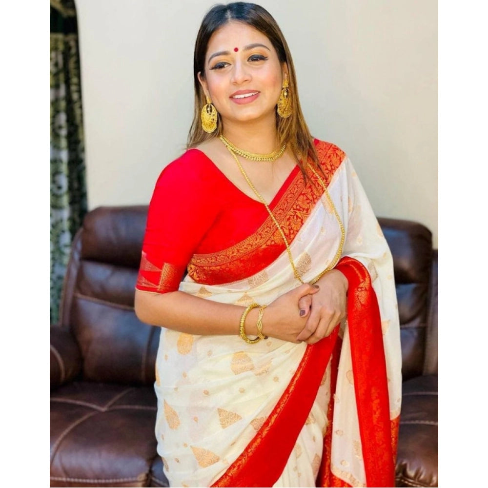 Women's Soft Lichi Silk Printed Saree — White · _126