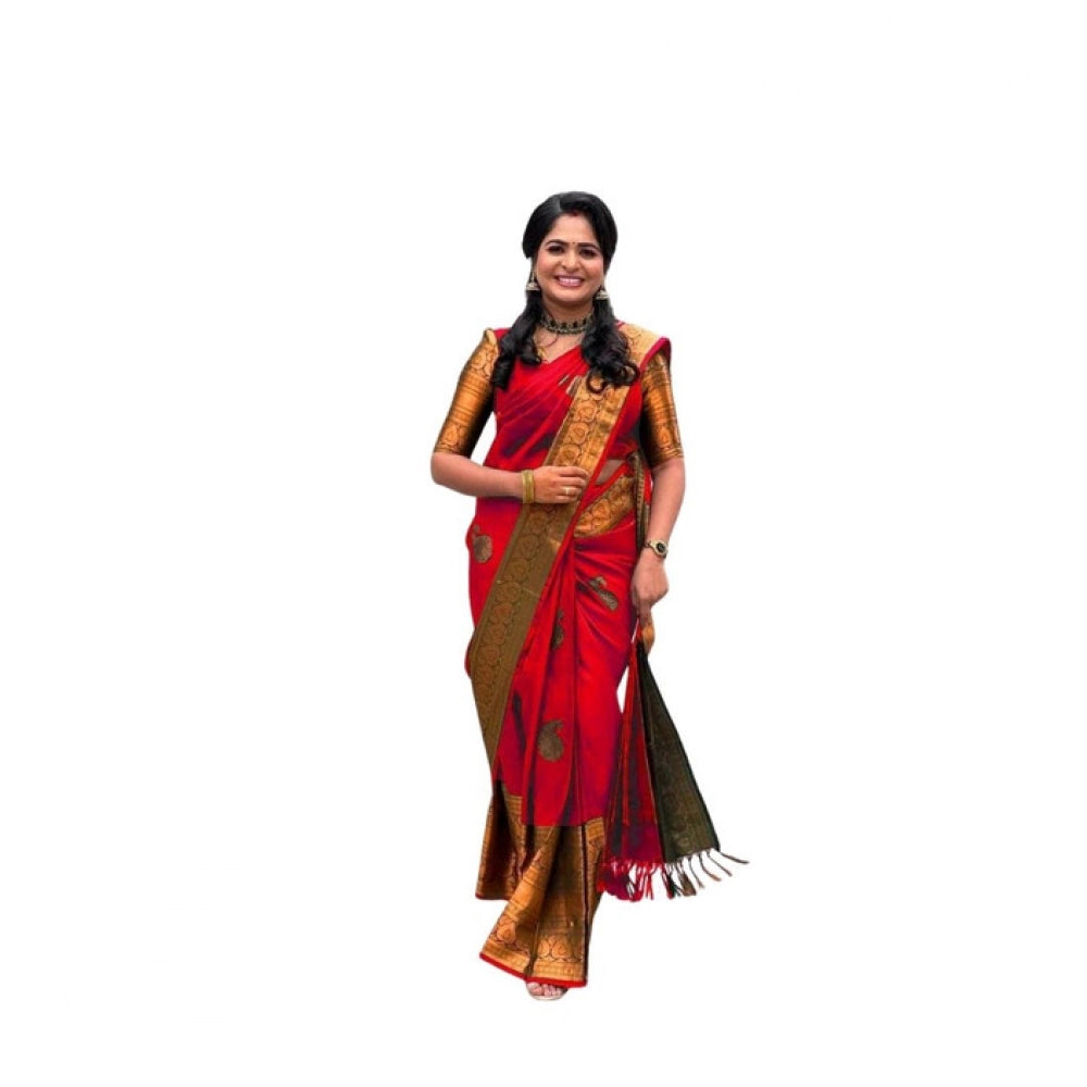 Women's Soft Lichi Silk Printed Saree — Red · _Red