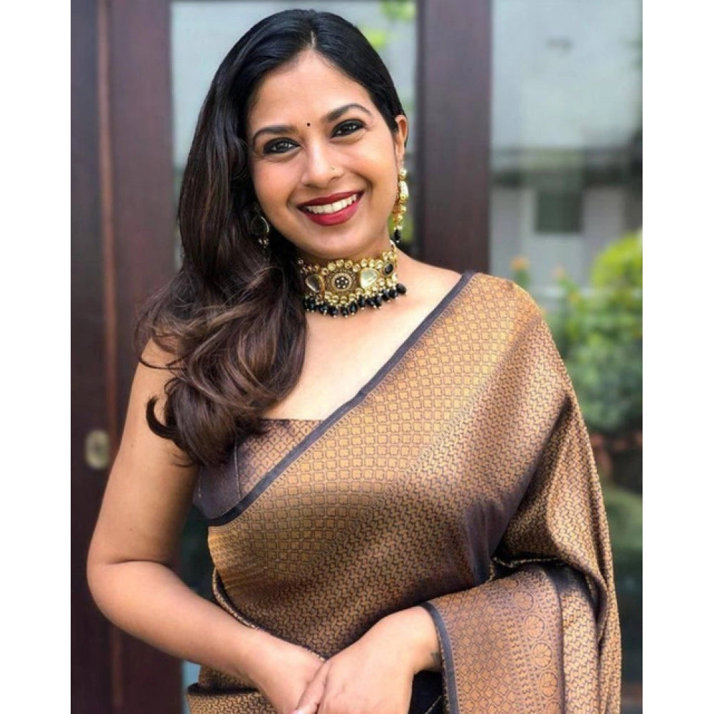 Women's Soft Lichi Silk Printed Saree — Black-Gold