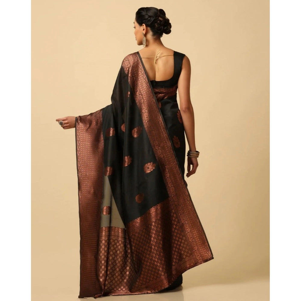 Women's Soft Lichi Silk Printed Saree — Black · _Blk