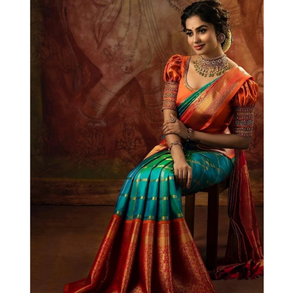 Women's Soft Lichi Silk Printed Saree — Green · _181