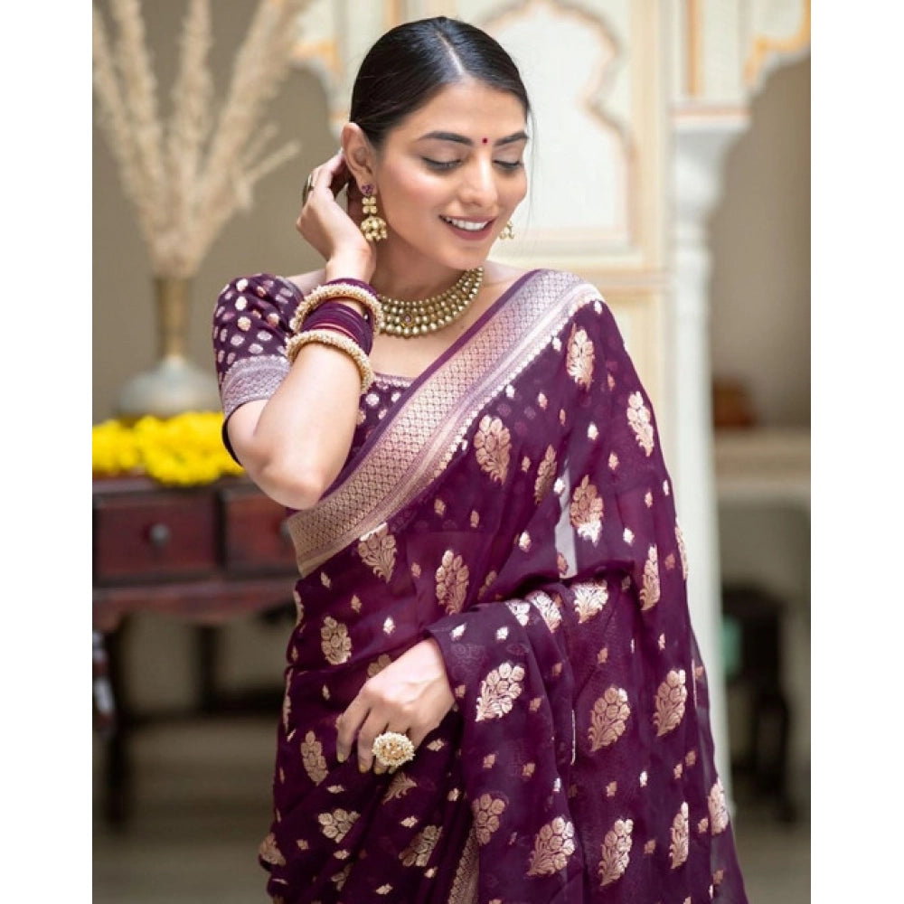 Women's Soft Lichi Silk Printed Saree — Purple · _Prl
