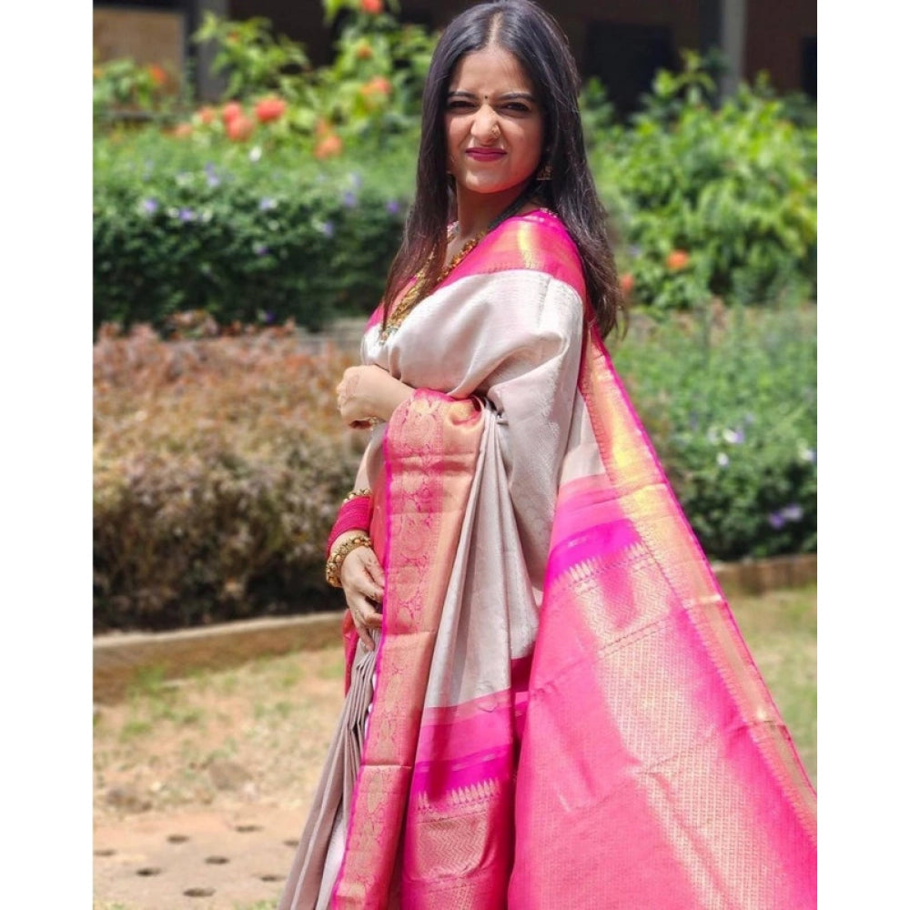 Women's Soft Lichi Silk Printed Saree — Grey · _198