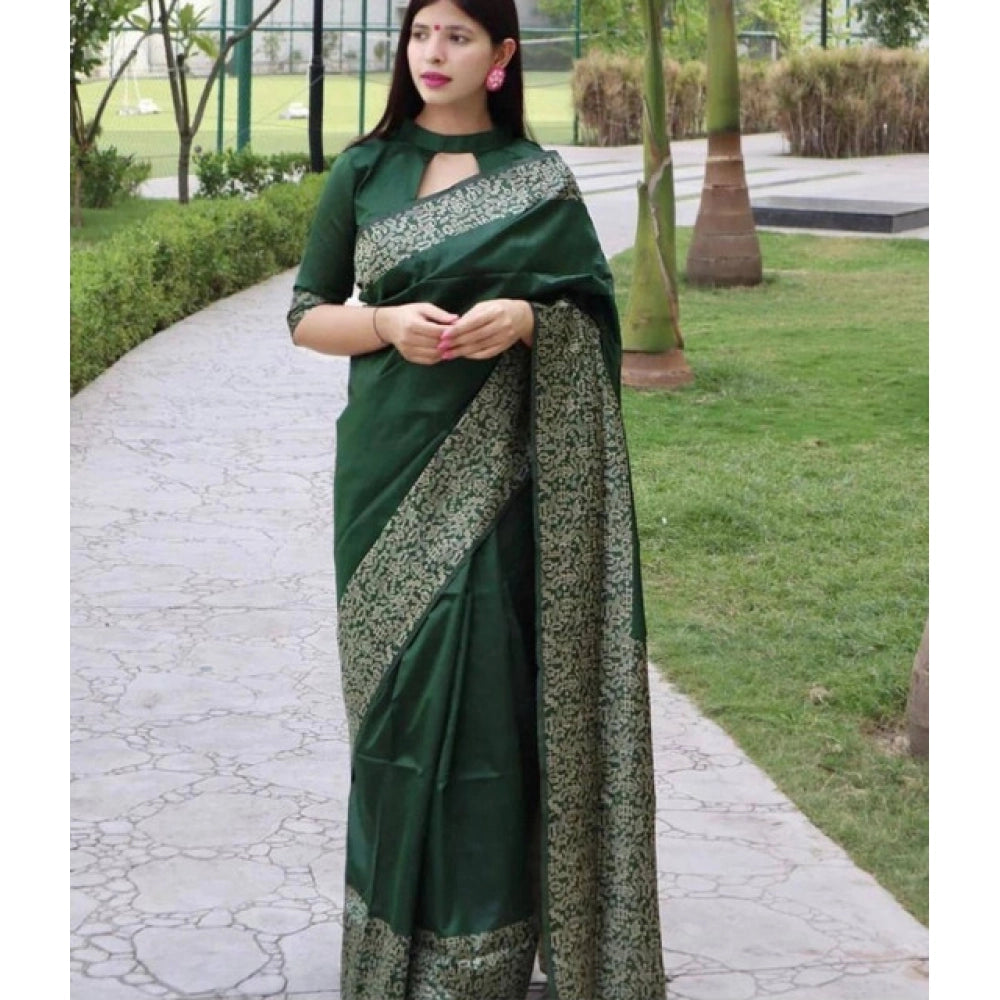 Women's Soft Lichi Silk Printed Saree — Green · _Grn