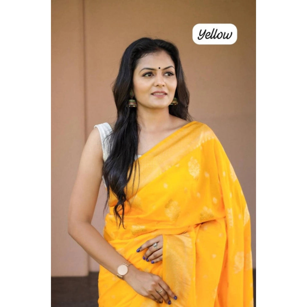 Women's Soft Lichi Silk Printed Saree — Yellow · _Ylw