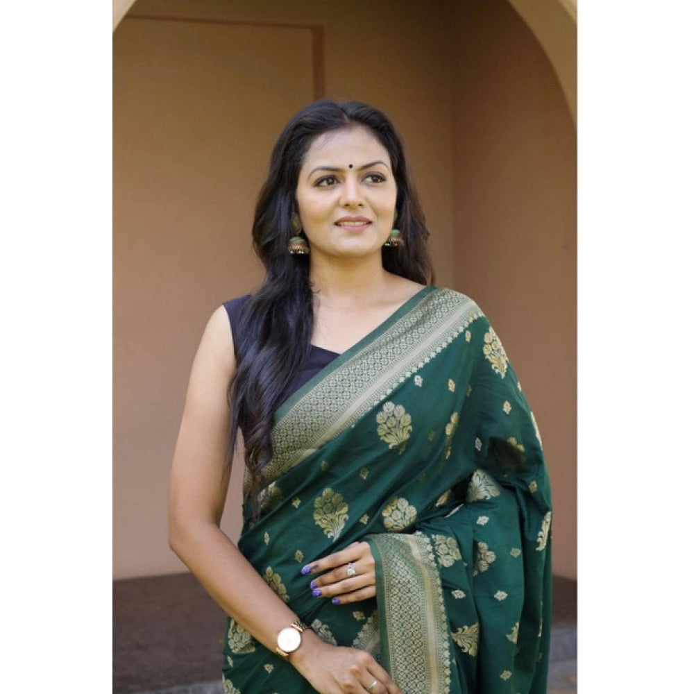 Women's Soft Lichi Silk Printed Saree — Bottle-Green