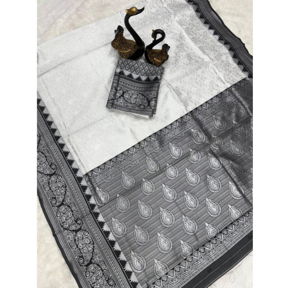 Women's Soft Lichi Silk Printed Saree — Off-White