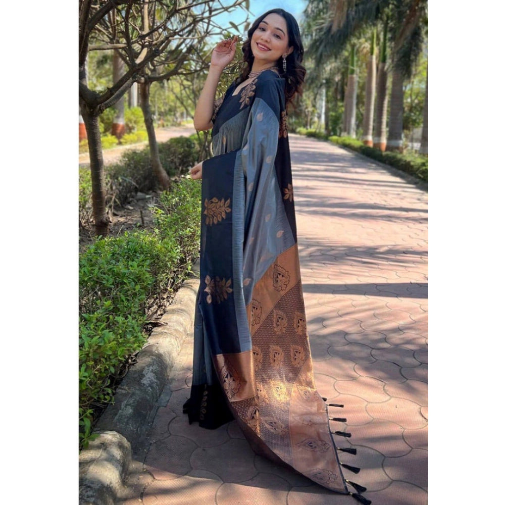 Women's Soft Lichi Silk Printed Saree — Grey · _Gry
