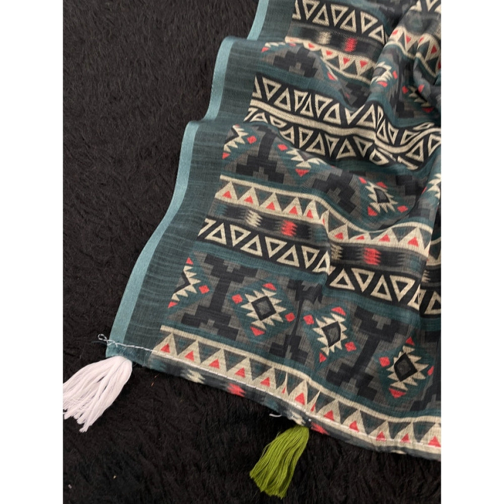 Women's Linen Cotton Printed Saree — Blue · _Blu