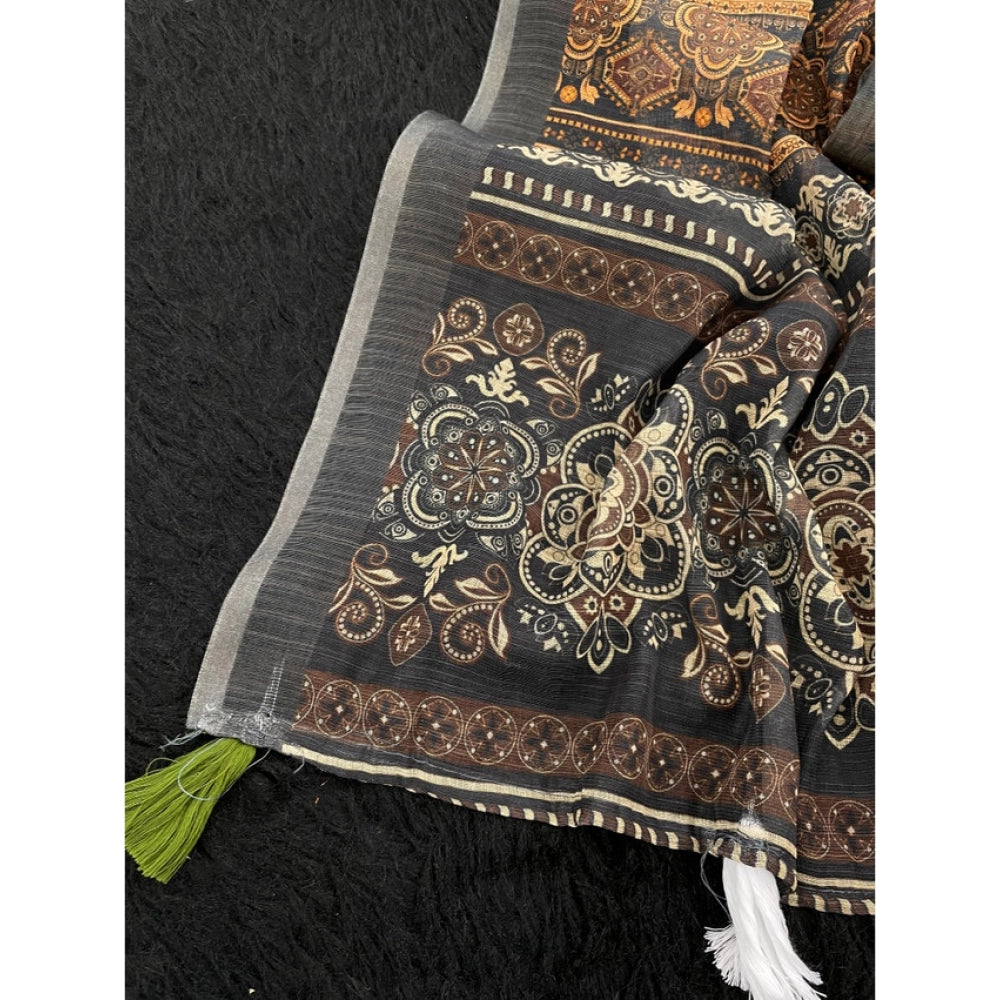 Women's Linen Cotton Printed Saree — Beige · _Bge