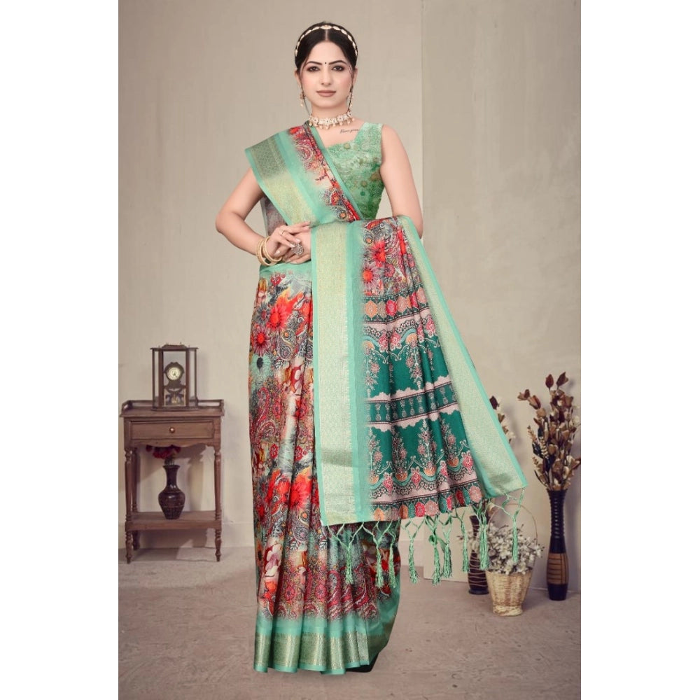 Women's Cotton Silk Printed Saree — Light Green