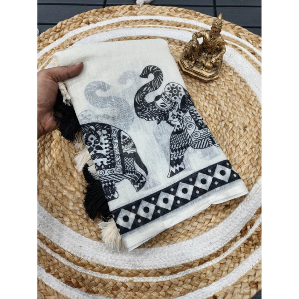 Women's Linen Cotton Printed Saree — Cream & Black
