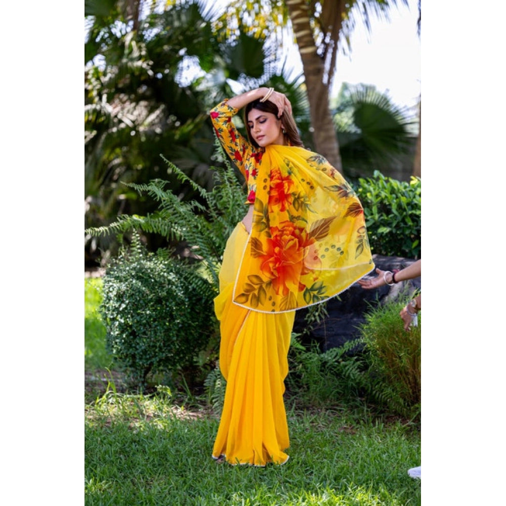 Women's Georgette Printed Saree — Yellow · _Ylw
