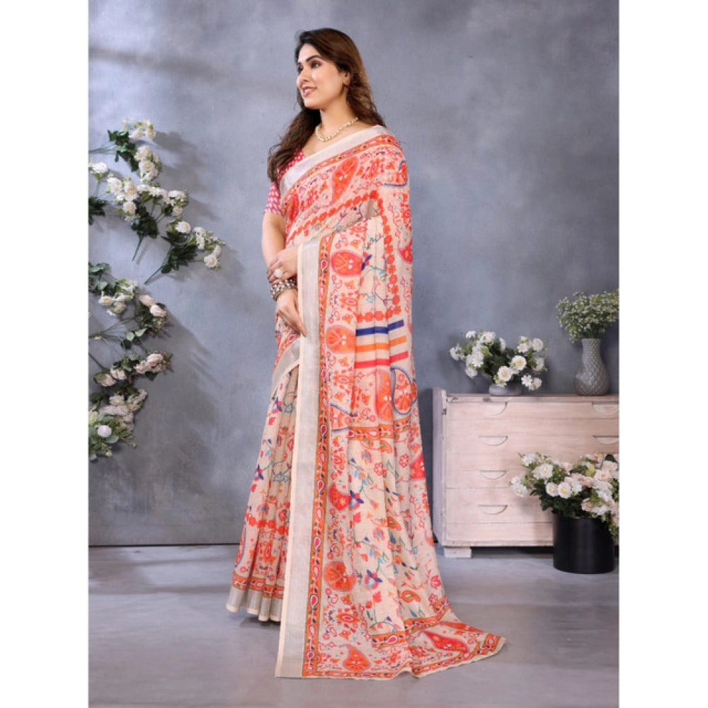 Women's Linen Cotton Printed Saree — Orange · Orng