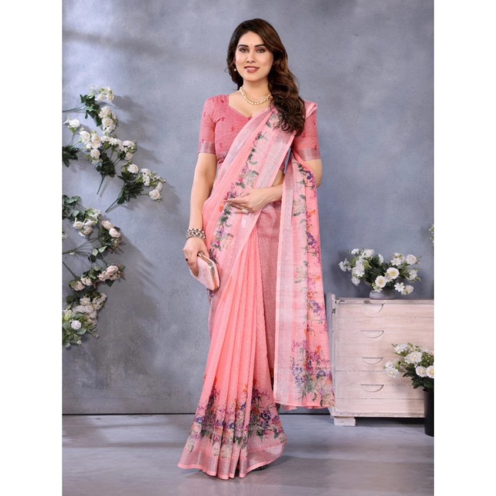Women's Linen Cotton Printed Saree — Peach · _Pch
