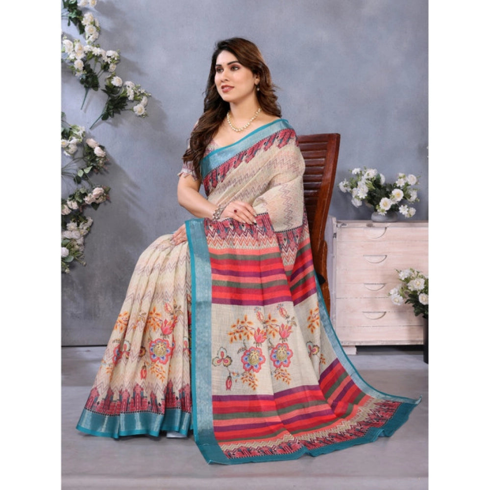 Women's Linen Cotton Printed Saree — Cream · _Crm