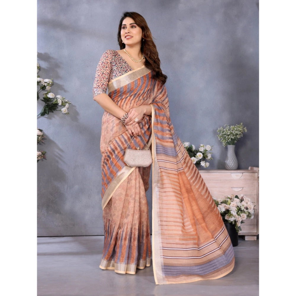 Women's Linen Cotton Printed Saree — Brown · Brwn