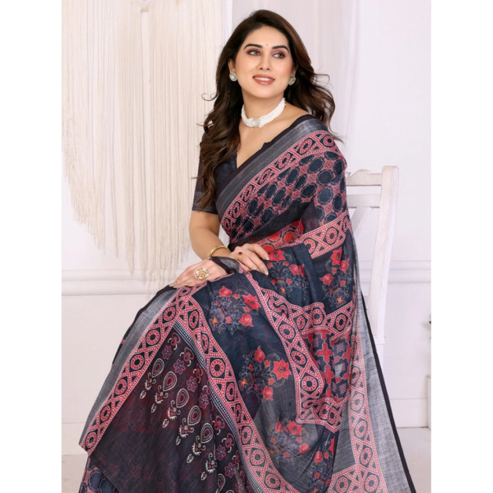 Women's Linen Cotton Printed Saree — Black · _Blk
