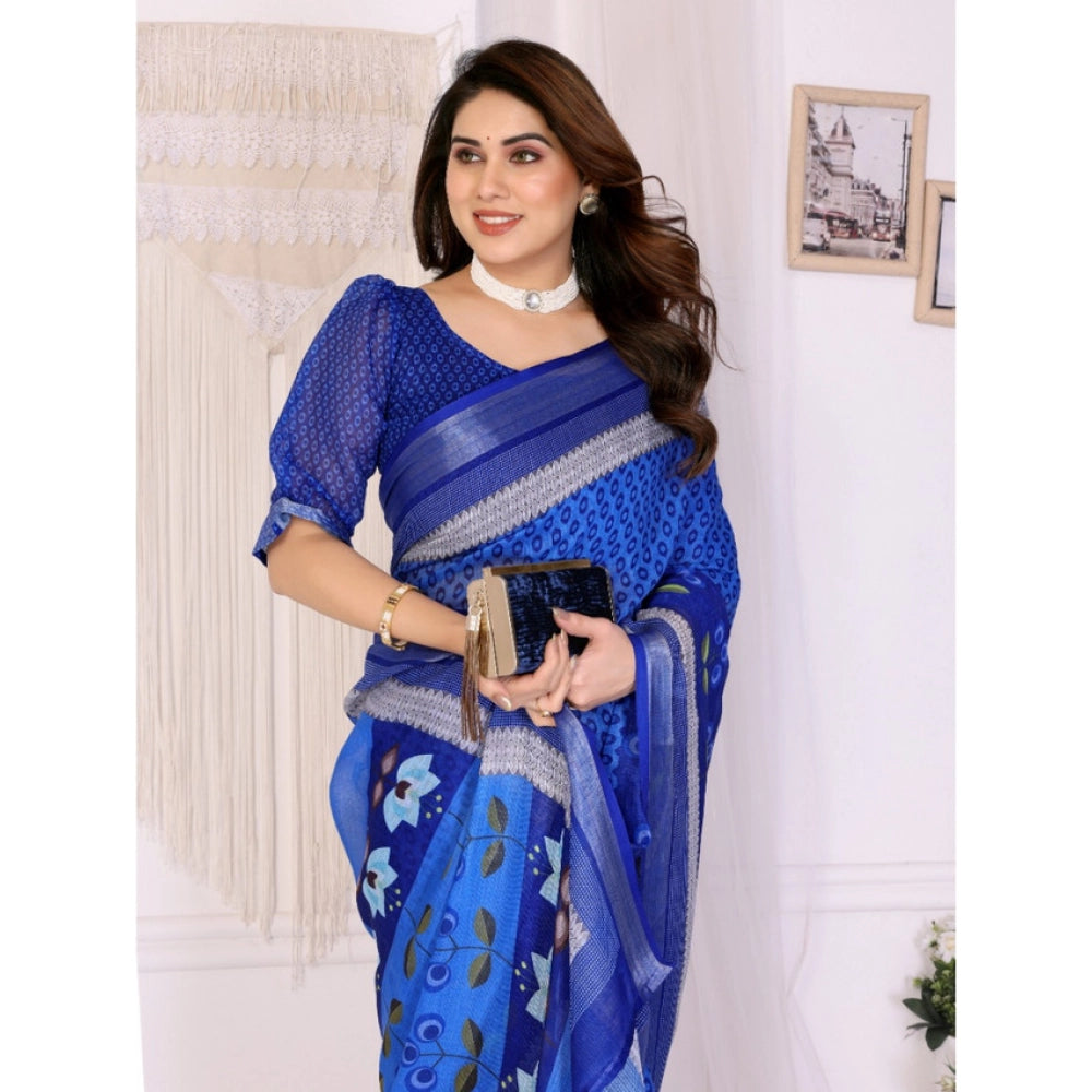 Women's Linen Cotton Printed Saree — Blue · _Blu
