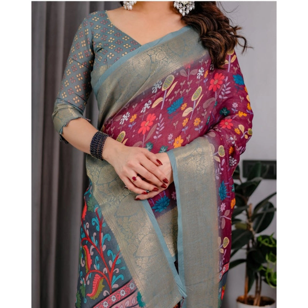 Women's Linen Printed Saree — Purple · _Prl