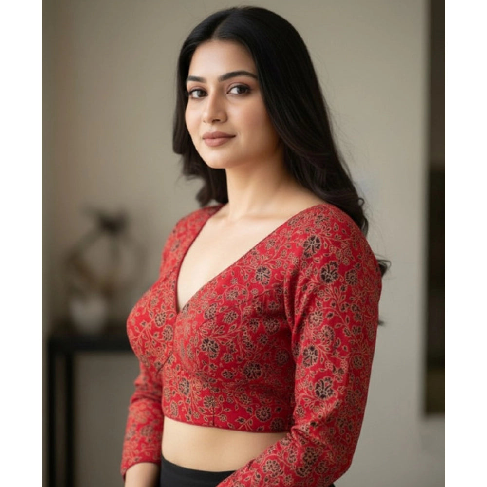 Women's Ajrakh Cotton Printed V-Neck Padded Blouse (Red 38 — Self Alterable 36–40