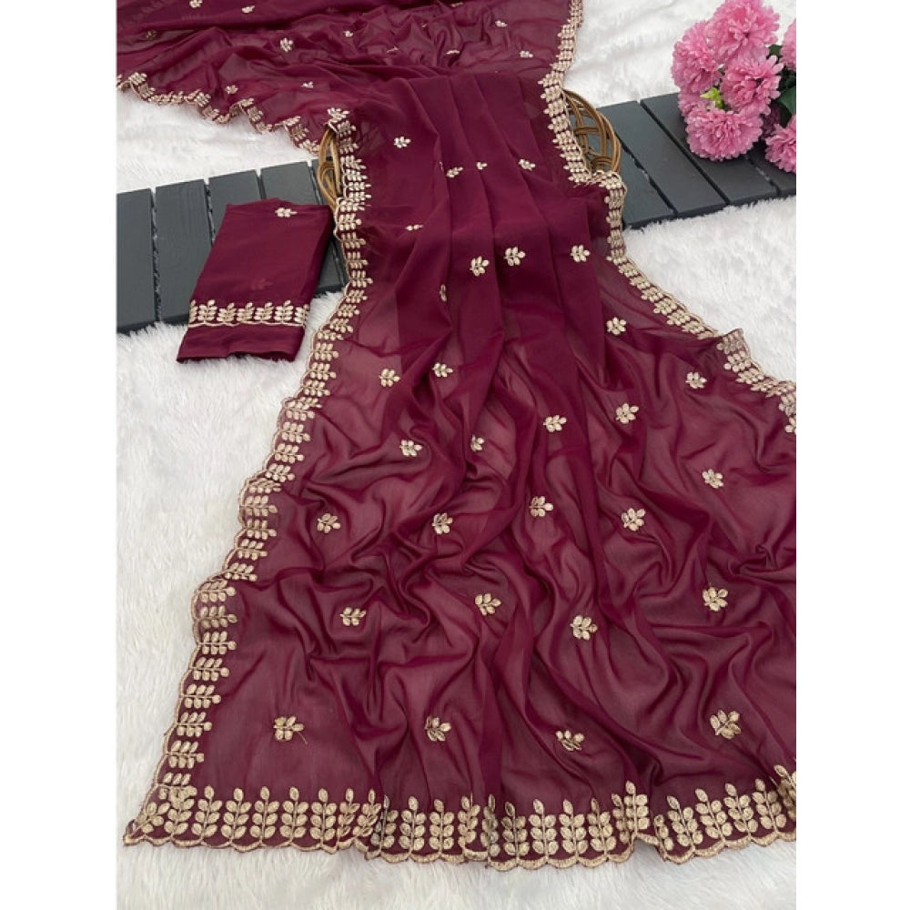 Women's Georgette Embroidered Saree — Red