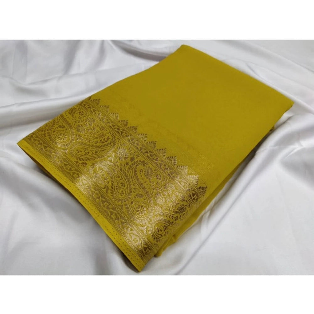 Women's Crepe Chit Pallu Solid Saree — Mustard Yellow