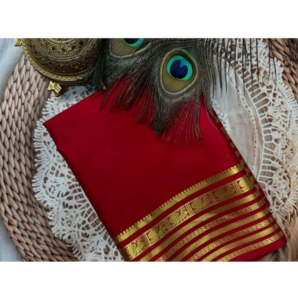 Women's Crepe Chit Pallu Solid Saree — Red · 1034