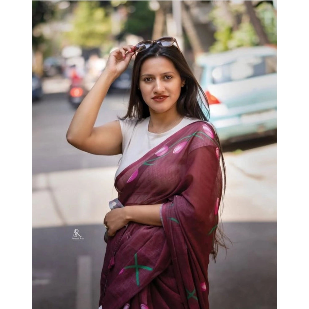 Women's Linen Printed Saree — Brown · _Brn