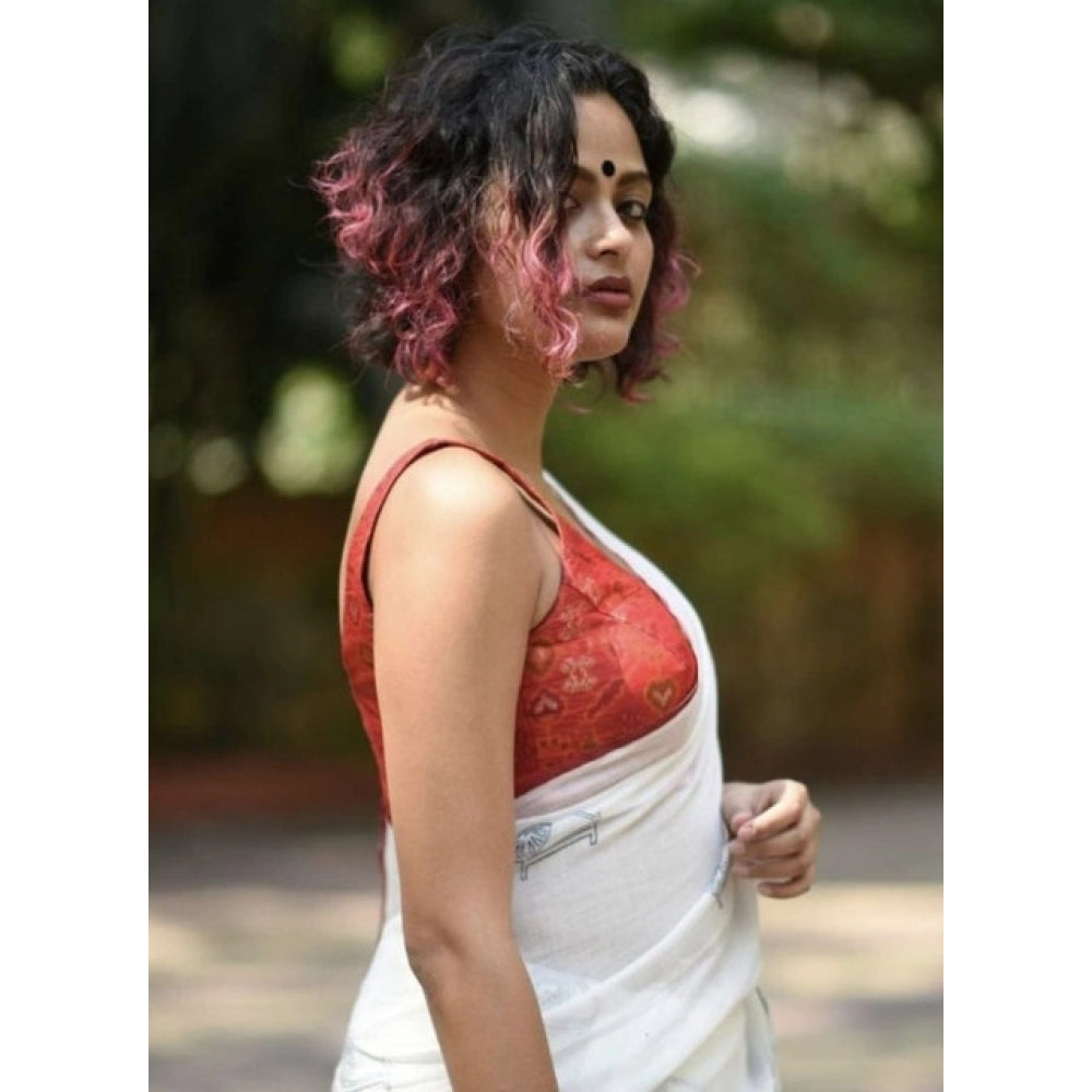 Women's Linen Printed Saree — White · _Wht
