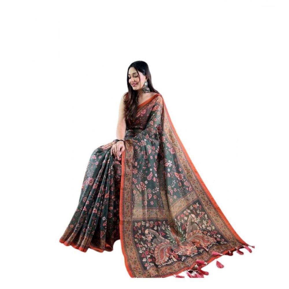 Women's Linen Printed Saree — Green · _Grn