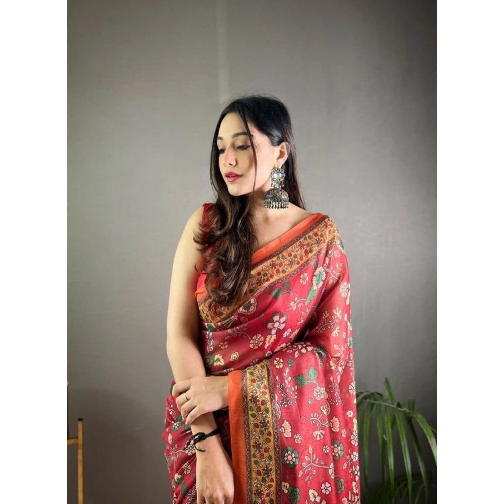 Women's Linen Printed Saree — Red · _Red
