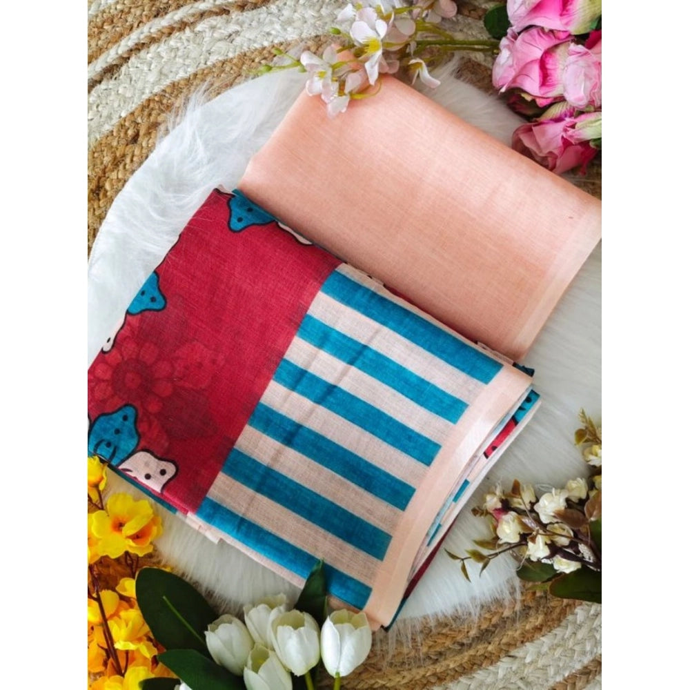 Women's Linen Printed Saree — Red · _Red