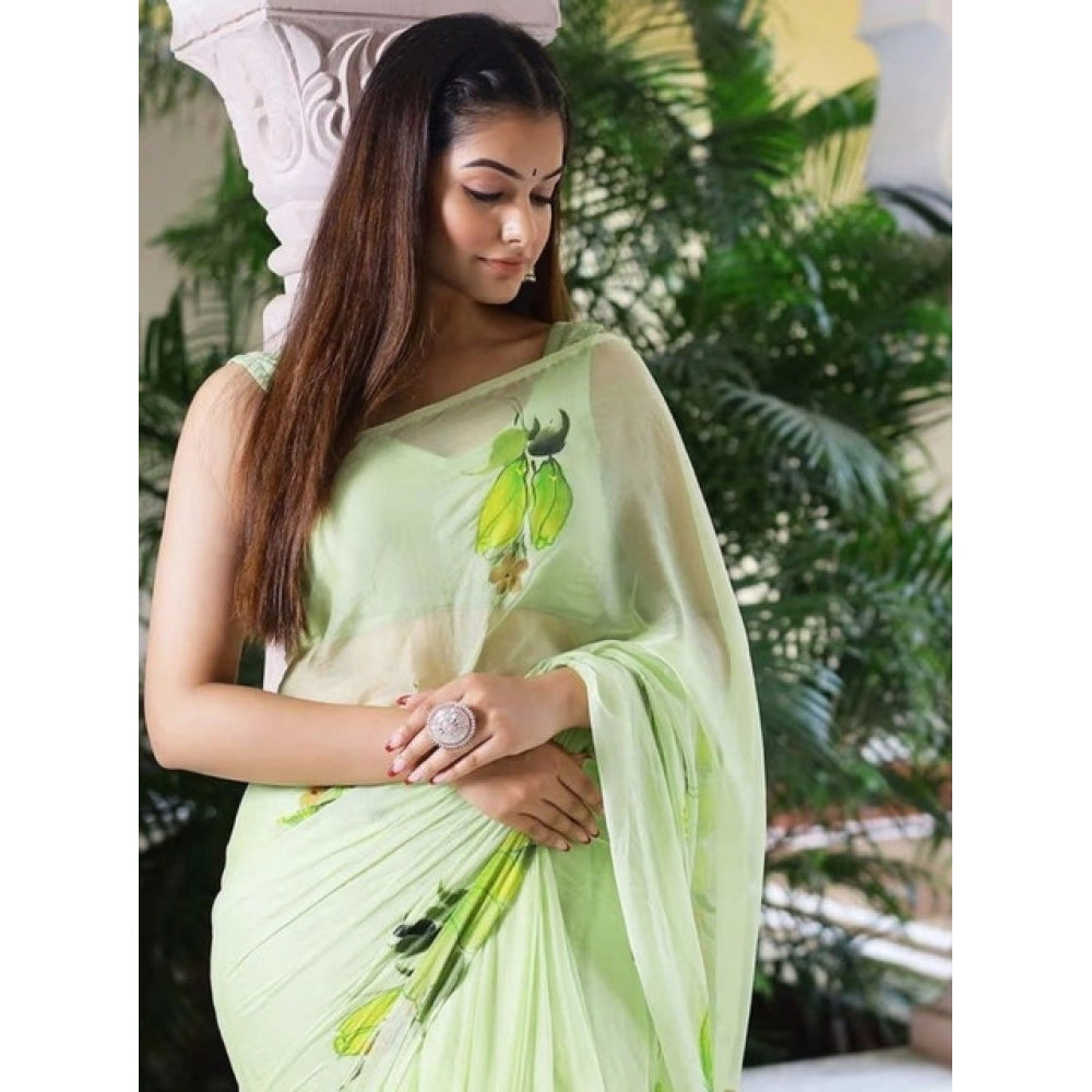 Women's Linen Printed Saree — Green · tGrn