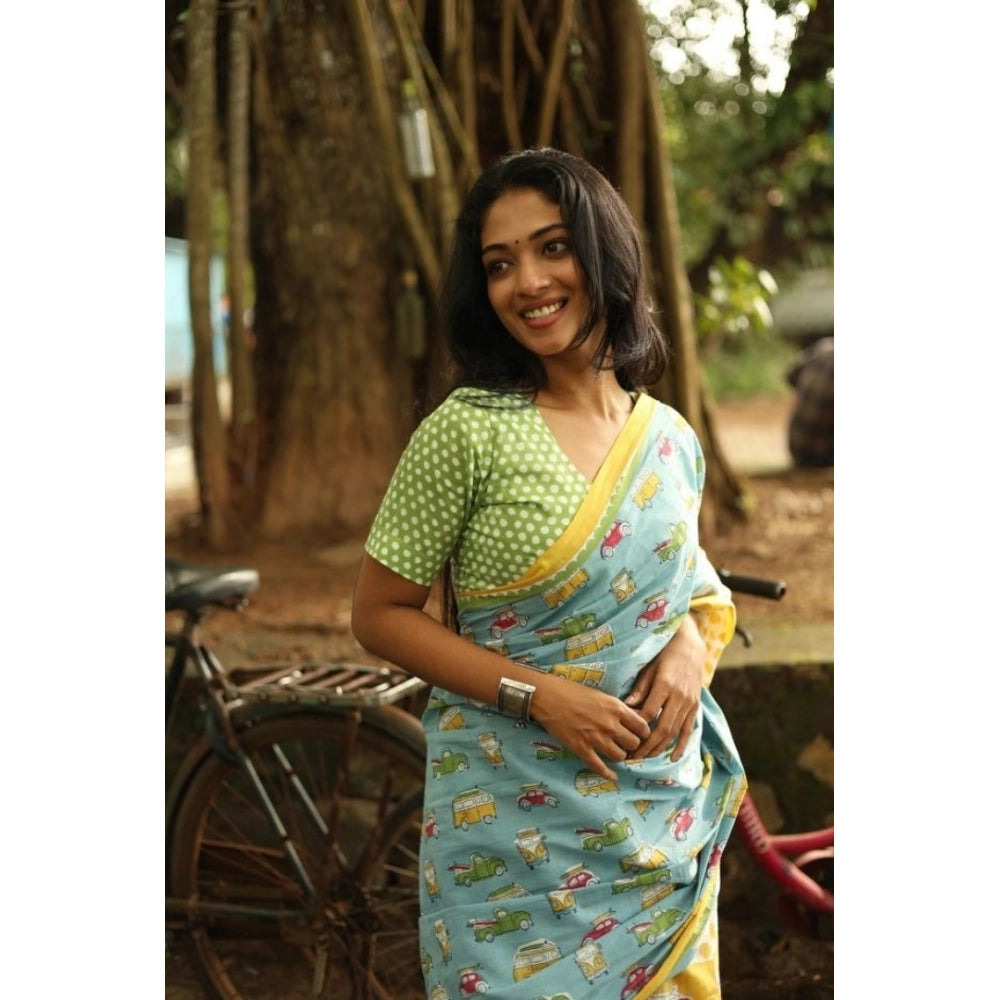 Women's Linen Printed Saree — Blue · iSky
