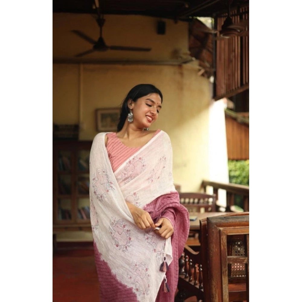Women's Linen Printed Saree — White · tPch