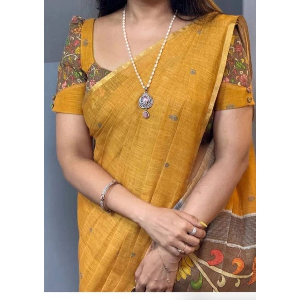 Women's Linen Printed Saree — Mustard