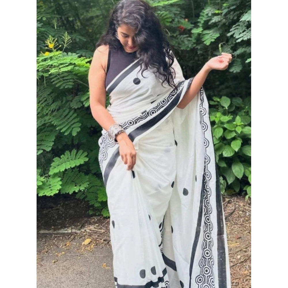 Women's Linen Printed Saree — White · tBlk