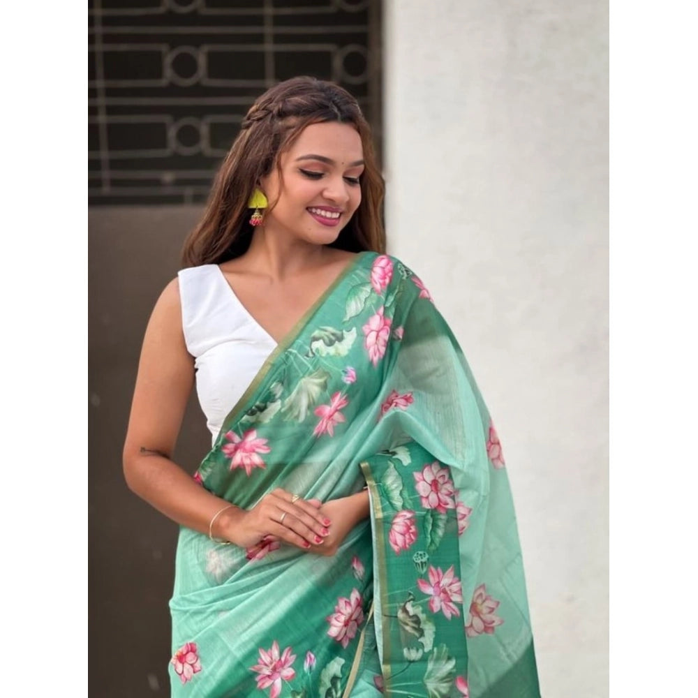 Women's Linen Printed Saree — Green · _Grn