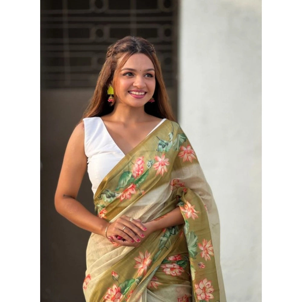 Women's Linen Printed Saree — Mahendi