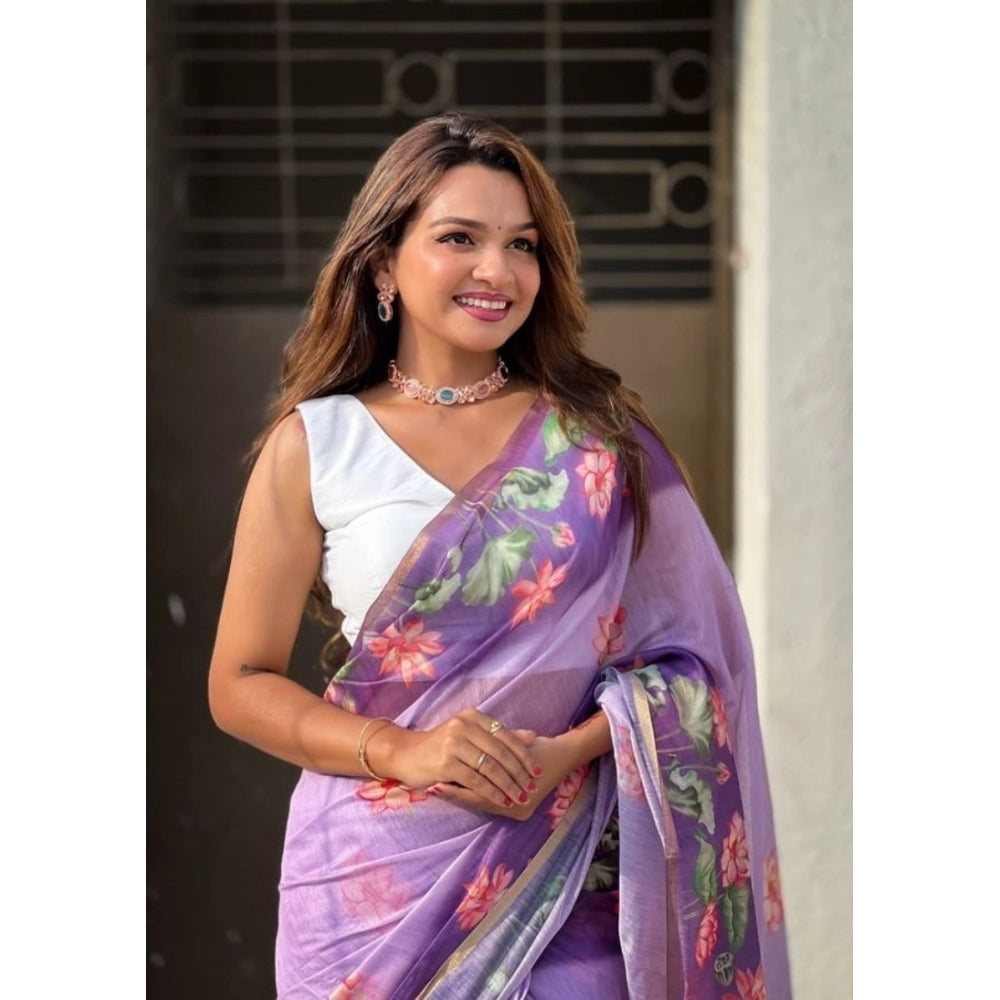 Women's Linen Printed Saree — Purple · _Prl